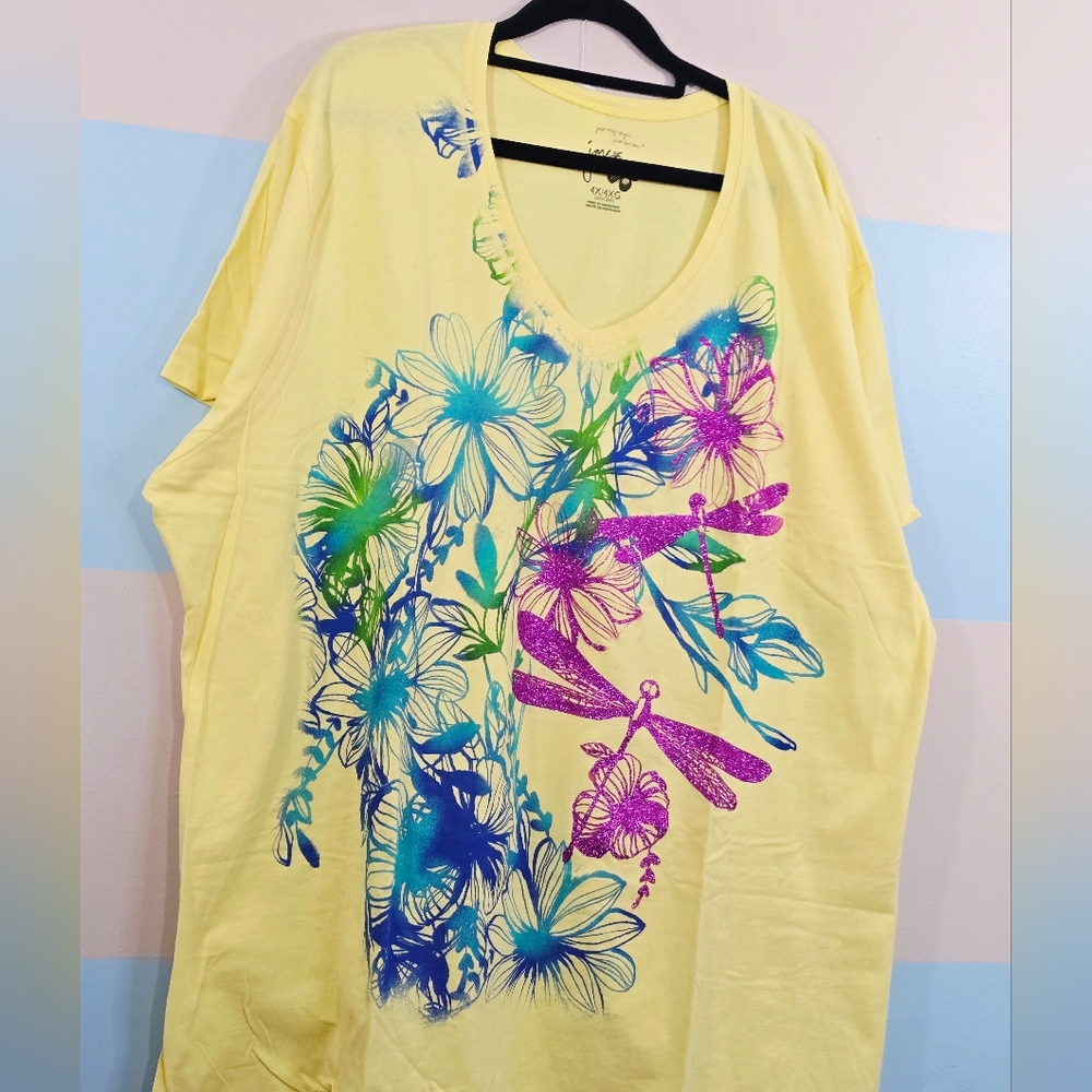 NWOT Just My Size Yellow V-Neck Tee with Blue, Green & Purple Floral Dragonfly - Picture 3 of 8